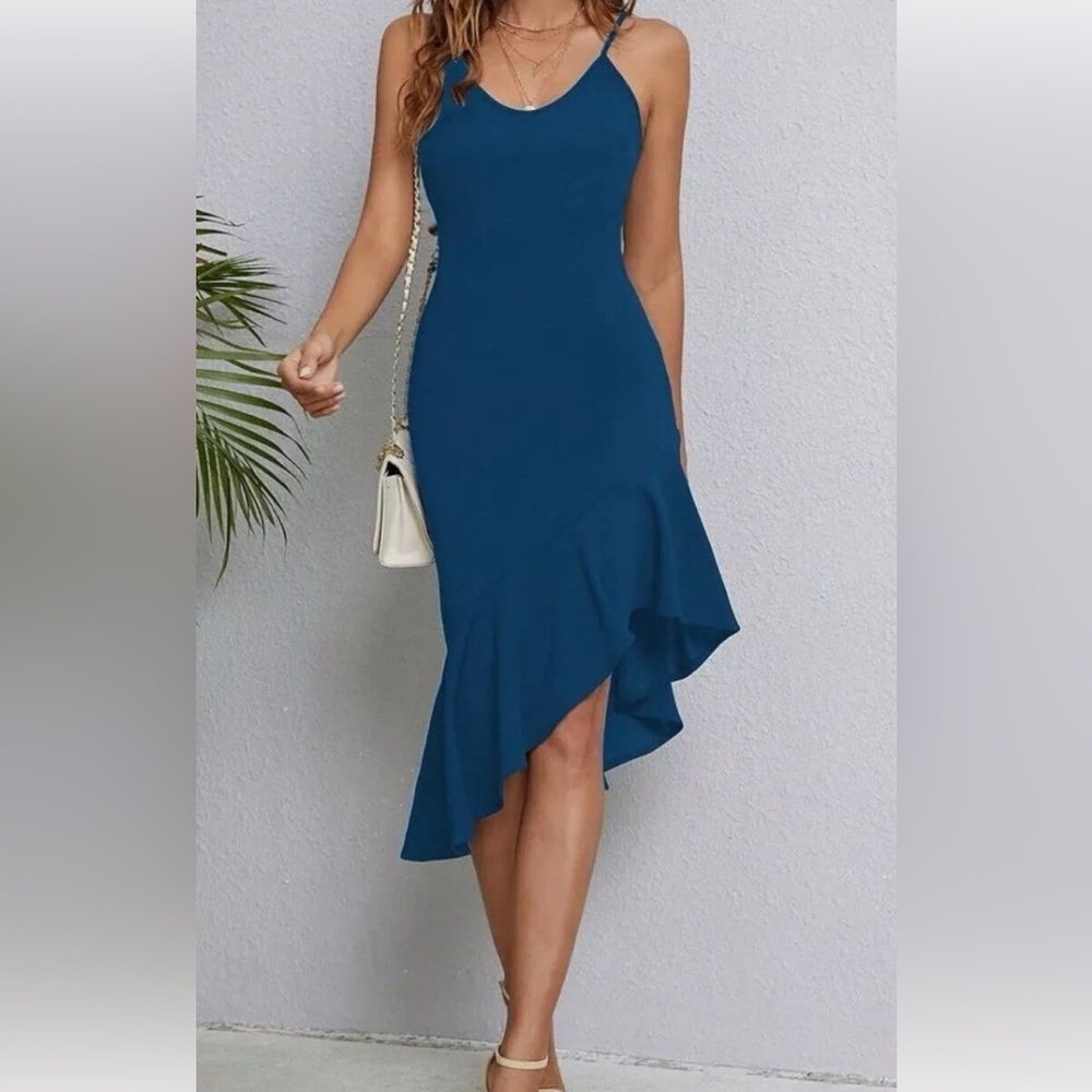 NWT Women’s Small Sz 4 Sexy V Sleeveless Ruffle Dress Cocktail Party Asymmetric